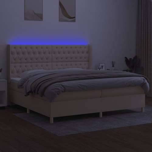 Krevet box spring s madracem LED krem 200x200 cm od tkanine - Krema 200 x 200 cm Dizajn s gumbima Cijena
