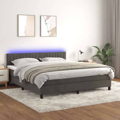 Krevet box spring s madracem LED tamnosivi 160x200 cm baršun - Tamno siva 160 x 200 cm Okomite pruge Cijena