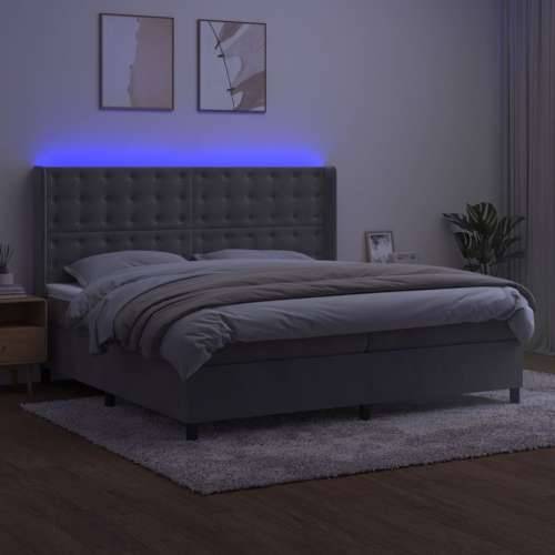 Krevet box spring s madracem LED svjetlosivi 200x200 cm baršun - Svjetlosiva 200 x 200 cm gumbi Cijena