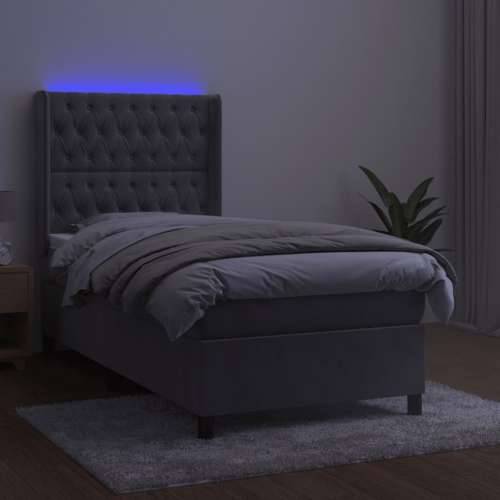 Krevet box spring s madracem LED svjetlosivi 90x190 cm baršun - Svjetlosiva 90 x 190 cm Dizajn s gumbima Cijena