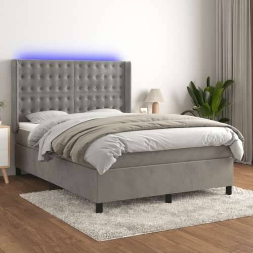 Krevet box spring s madracem LED svjetlosivi 140x200 cm baršun - Svjetlosiva 140 x 200 cm gumbi Cijena