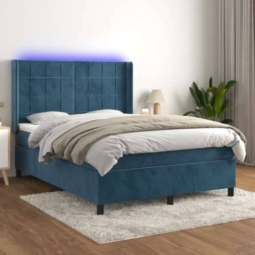 Krevet box spring s madracem LED tamnoplavi 140x190 cm baršun - Tamno plava 140 x 190 cm Blok s kvadratima Cijena