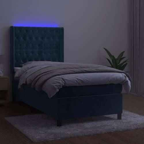 Krevet box spring s madracem LED tamnoplavi 90x190 cm baršun - Tamno plava 90 x 190 cm Dizajn s gumbima Cijena