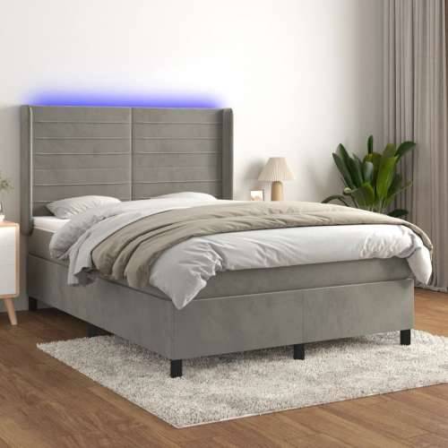 Krevet box spring s madracem LED svjetlosivi 140x200 cm baršun - Svjetlosiva 140 x 200 cm vodoravne pruge Cijena