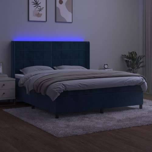 Krevet box spring s madracem LED tamnoplavi 160x200 cm baršun - Tamno plava 160 x 200 cm Blok s kvadratima Cijena