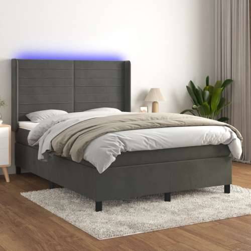 Krevet box spring s madracem LED tamnosivi 140x190 cm baršun - Tamno siva 140 x 190 cm vodoravne pruge Cijena