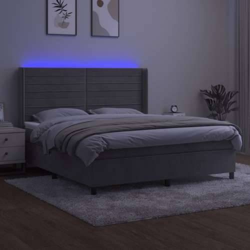 Krevet box spring s madracem LED svjetlosivi 160x200 cm baršun  - Svjetlosiva 160 x 200 cm vodoravne pruge Cijena