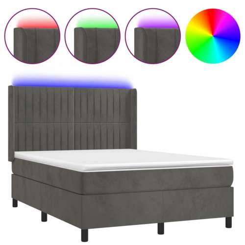 Krevet box spring s madracem LED tamnosivi 140x200 cm baršun - Tamno siva 140 x 200 cm Okomite pruge Cijena