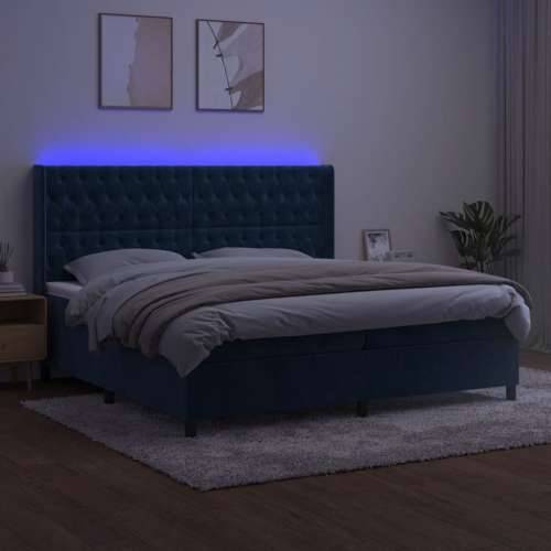 Krevet box spring s madracem LED tamnoplavi 200x200 cm baršun - Tamno plava 200 x 200 cm Dizajn s gumbima Cijena