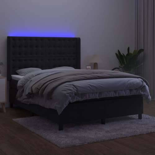 Krevet box spring s madracem LED crni 140x200 cm baršun - Crna 140 x 200 cm gumbi Cijena