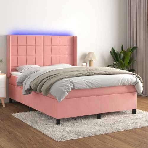 Krevet box spring s madracem LED ružičasti 140x200cm baršunasti - Ružičasta 140 x 200 cm Blok s kvadratima Cijena