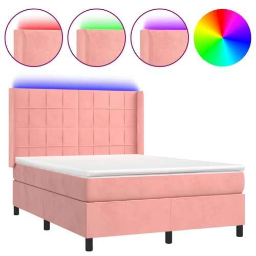Krevet box spring s madracem LED ružičasti 140x200cm baršunasti - Ružičasta 140 x 200 cm Blok s kvadratima Cijena