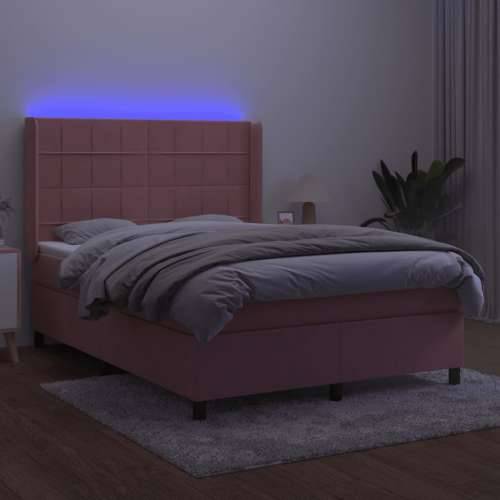 Krevet box spring s madracem LED ružičasti 140x200cm baršunasti - Ružičasta 140 x 200 cm Blok s kvadratima Cijena