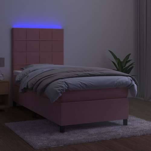 Krevet box spring s madracem LED ružičasti 90x200 cm baršunasti - Ružičasta 90 x 200 cm Blok s kvadratima Cijena