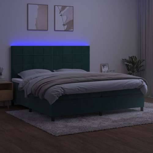 Krevet box spring s madracem LED tamnozeleni 200x200 cm baršun - Tamnozelena 200 x 200 cm Blok s kvadratima Cijena