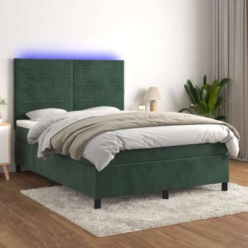 Krevet box spring s madracem LED tamnozeleni 140x190 cm baršun - Tamnozelena 140 x 190 cm vodoravne pruge Cijena