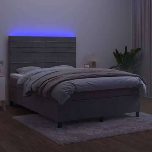 Krevet box spring s madracem LED svjetlosivi 140x200 cm baršun - Svjetlosiva 140 x 200 cm vodoravne pruge Cijena