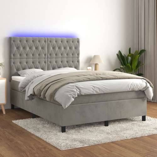 Krevet box spring s madracem LED svjetlosivi 140x200 cm baršun - Svjetlosiva 140 x 200 cm Dizajn s gumbima Cijena