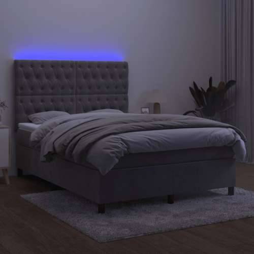 Krevet box spring s madracem LED svjetlosivi 140x200 cm baršun - Svjetlosiva 140 x 200 cm Dizajn s gumbima Cijena