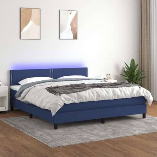 Krevet box spring s madracem LED plavi 180x200 cm od tkanine - Plava 180 x 200 cm Obično s čavlima Cijena
