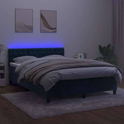 Krevet box spring s madracem LED tamnoplavi 140x200 cm baršun - Tamno plava 140 x 200 cm Dizajn s gumbima Cijena