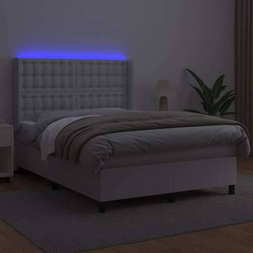 Krevet box spring s madracem LED bijeli 140x200 cm umjetna koža - Bijela 140 x 200 cm gumbi Cijena