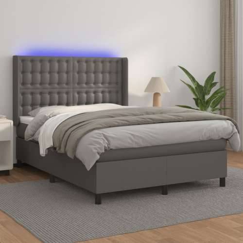 Krevet box spring s madracem LED sivi 140x190cm od umjetne kože - Siva 140 x 190 cm gumbi Cijena