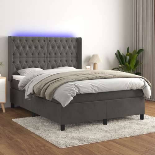Krevet box spring s madracem LED tamnosivi 140x200 cm baršun - Tamno siva 140 x 200 cm Dizajn s gumbima Cijena