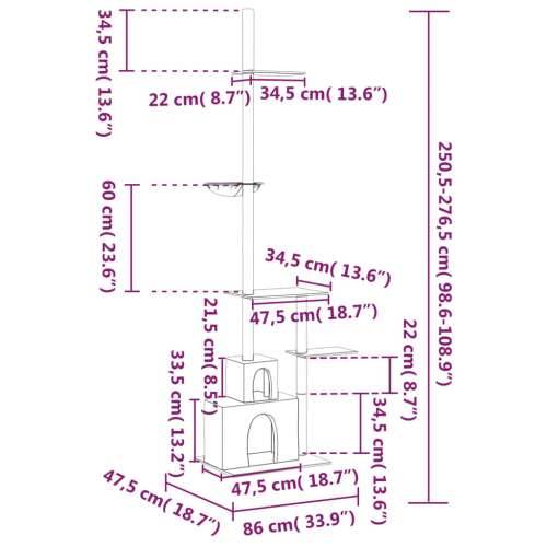 Penjalica za mačke - Kuća za mačke - Grebalica od poda do stropa tamnosiva 250,5 - 276,5 cm - Tamno siva Cijena