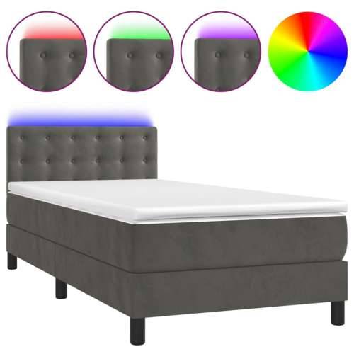 Krevet box spring s madracem LED tamnosivi 90x190 cm baršun - Tamno siva 90 x 190 cm gumbi Cijena