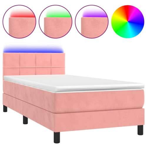 Krevet box spring s madracem LED ružičasti 90x200 cm baršunasti - Ružičasta 90 x 200 cm Blok s kvadratima Cijena