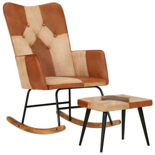 Stolica za ljuljanje s tabureom smeđa od prave kože i platna