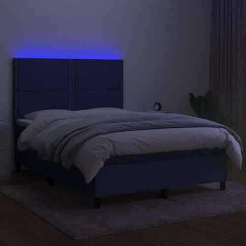 Krevet box spring s madracem LED plavi 140x200 cm od tkanine - Plava 140 x 200 cm Obično s čavlima Cijena