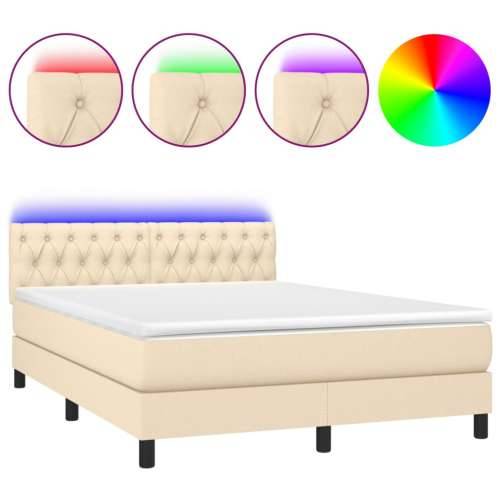 Krevet box spring s madracem LED krem 140x190 cm od tkanine - Krema 140 x 190 cm Dizajn s gumbima Cijena