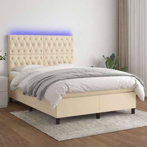 Krevet box spring s madracem LED krem 140x190 cm od tkanine - Krema 140 x 190 cm Dizajn s gumbima Cijena