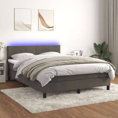 Krevet box spring s madracem LED tamnosivi 140x190 cm baršun - Tamno siva 140 x 190 cm vodoravne pruge Cijena
