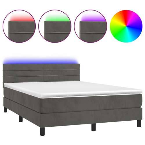 Krevet box spring s madracem LED tamnosivi 140x190 cm baršun - Tamno siva 140 x 190 cm vodoravne pruge Cijena