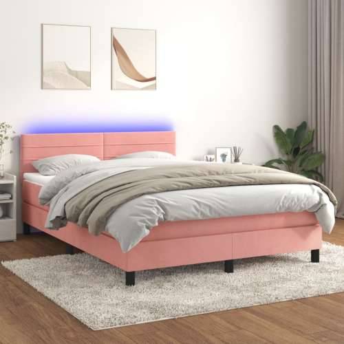 Krevet box spring s madracem LED ružičasti 140x200cm baršunasti - Ružičasta 140 x 200 cm vodoravne pruge Cijena
