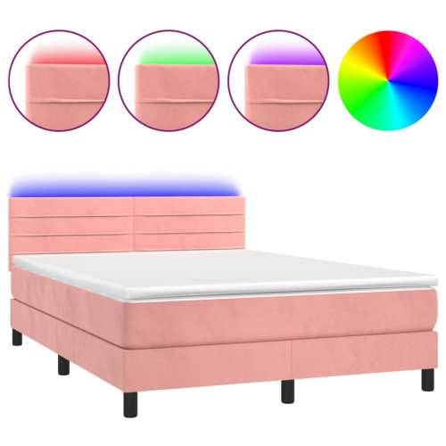 Krevet box spring s madracem LED ružičasti 140x200cm baršunasti - Ružičasta 140 x 200 cm vodoravne pruge Cijena
