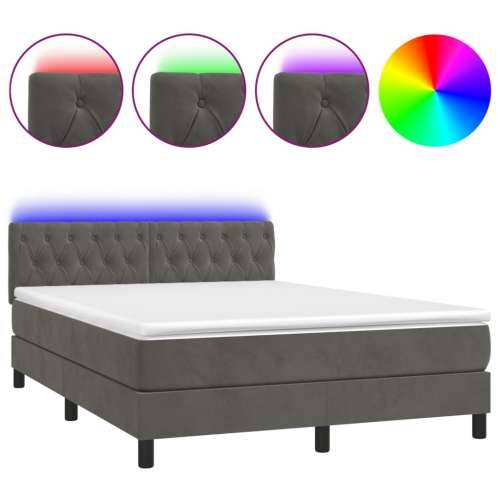 Krevet box spring s madracem LED tamnosivi 140x190 cm baršun - Tamno siva 140 x 190 cm Dizajn s gumbima Cijena