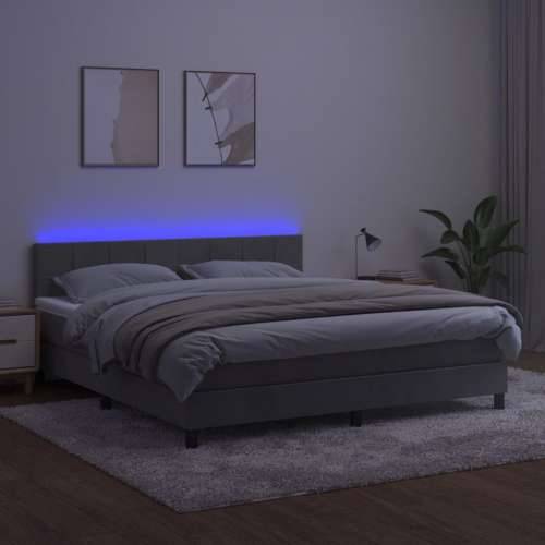 Krevet box spring s madracem LED svjetlosivi 180x200 cm baršun Cijena