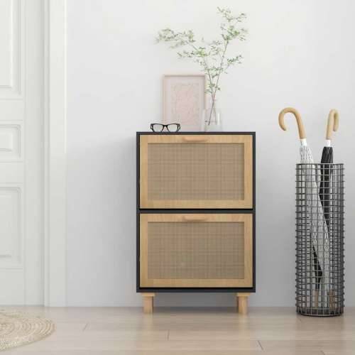 Ormarić za cipele crni 52 x 25 x 80 cm drvo i prirodni ratan - Crna 1 80 cm 25 cm Cijena