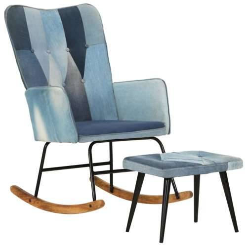 Stolica za ljuljanje s tabureom plavi traper s patchworkom