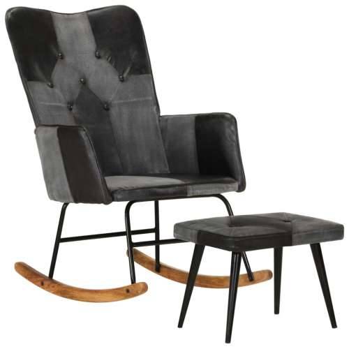 Stolica za ljuljanje s tabureom crna od prave kože i platna