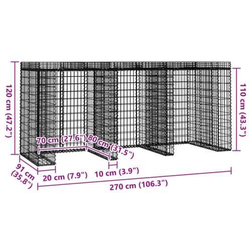 Gabionski zid za kantu za smeće 270x91x120 cm pocinčano željezo - 3 kante 1 Cijena