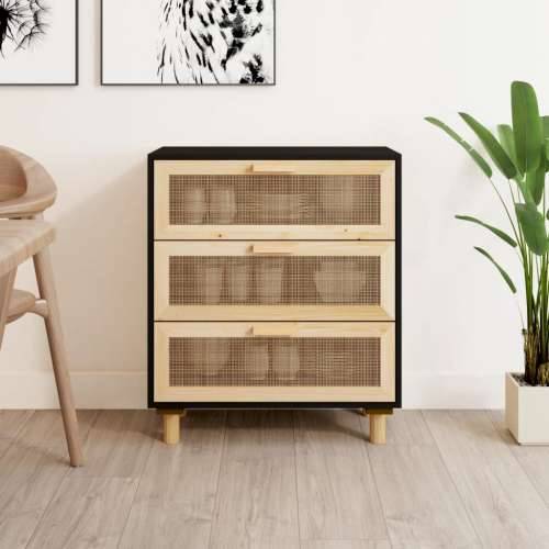Komoda crna 60 x 30 x 70 cm masivna borovina i prirodni ratan - Crna 1 Cijena