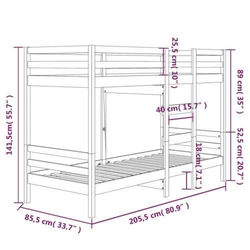 Krevet na kat 80 x 200 cm od masivne borovine - Prirodna 80 x 200 cm Cijena