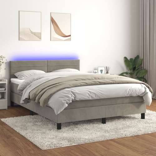 Krevet box spring s madracem LED svjetlosivi 140x190 cm baršun - Svjetlosiva 140 x 190 cm vodoravne pruge Cijena
