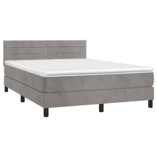 Krevet box spring s madracem LED svjetlosivi 140x190 cm baršun - Svjetlosiva 140 x 190 cm vodoravne pruge Cijena