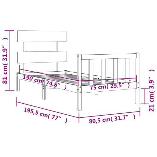 Okvir kreveta s uzglavljem crni jednokrevetni masivno drvo - Crna 75 x 190 cm s uzglavljem i podnožjem Cijena